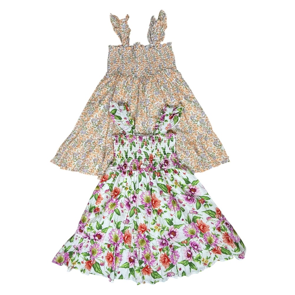 Janie and Jack Dress Kids 8 Multicolor Peach Floral Smocked Cotton 2-Pack